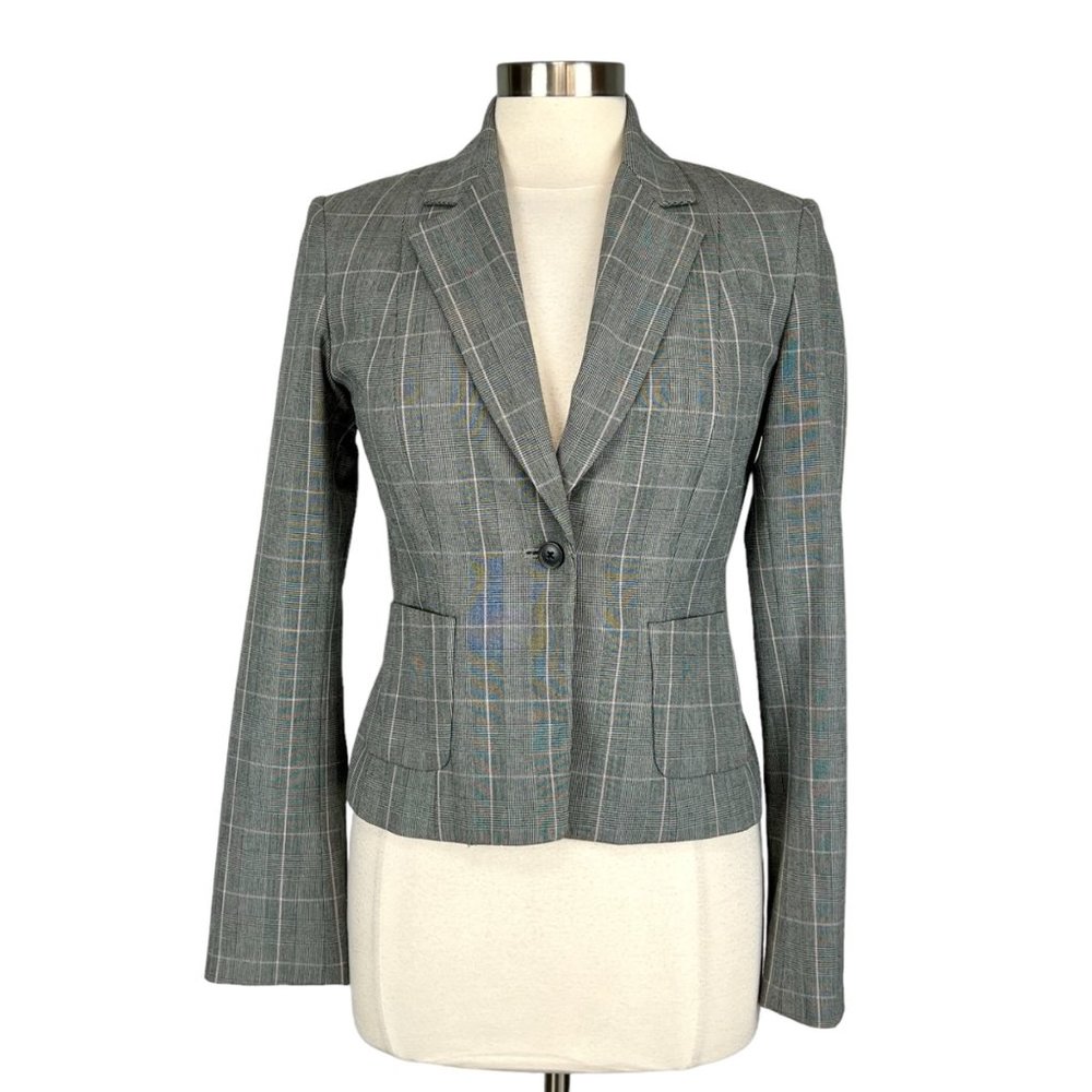 Tahari Womens Gray Glen Plaid Blazer Button Front Cropped Pockets size 6